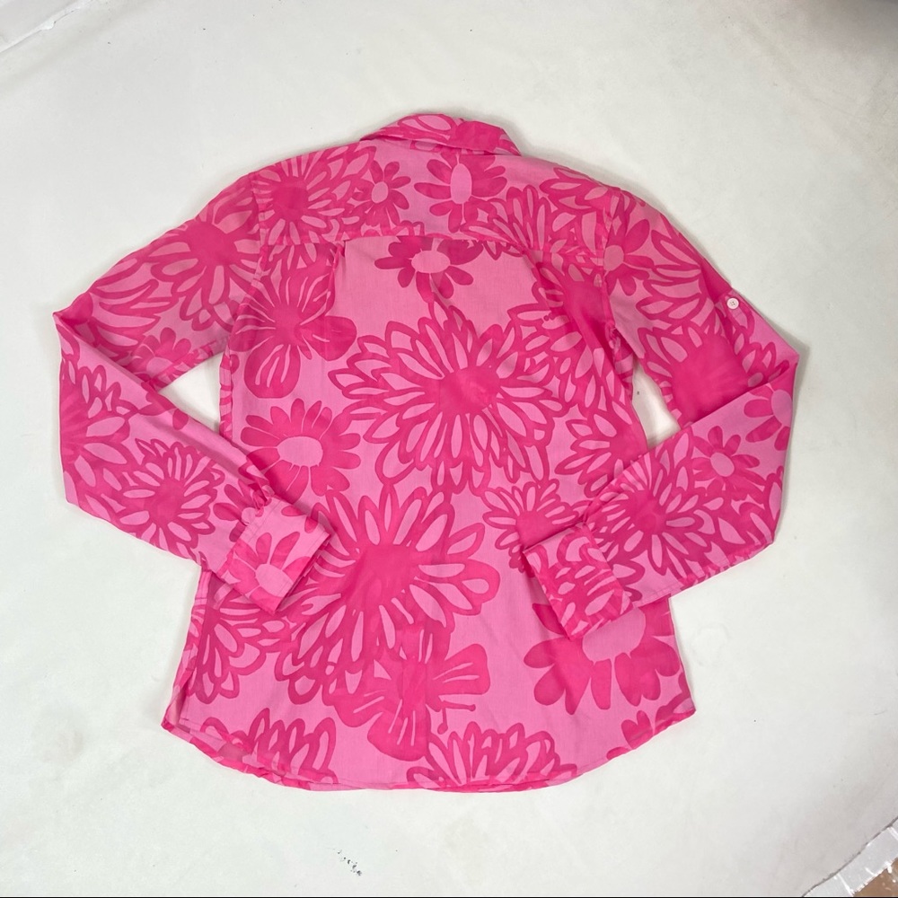 Lilly Pulitzer pink retro sheer floral collared top. XS - Picture 9 of 11